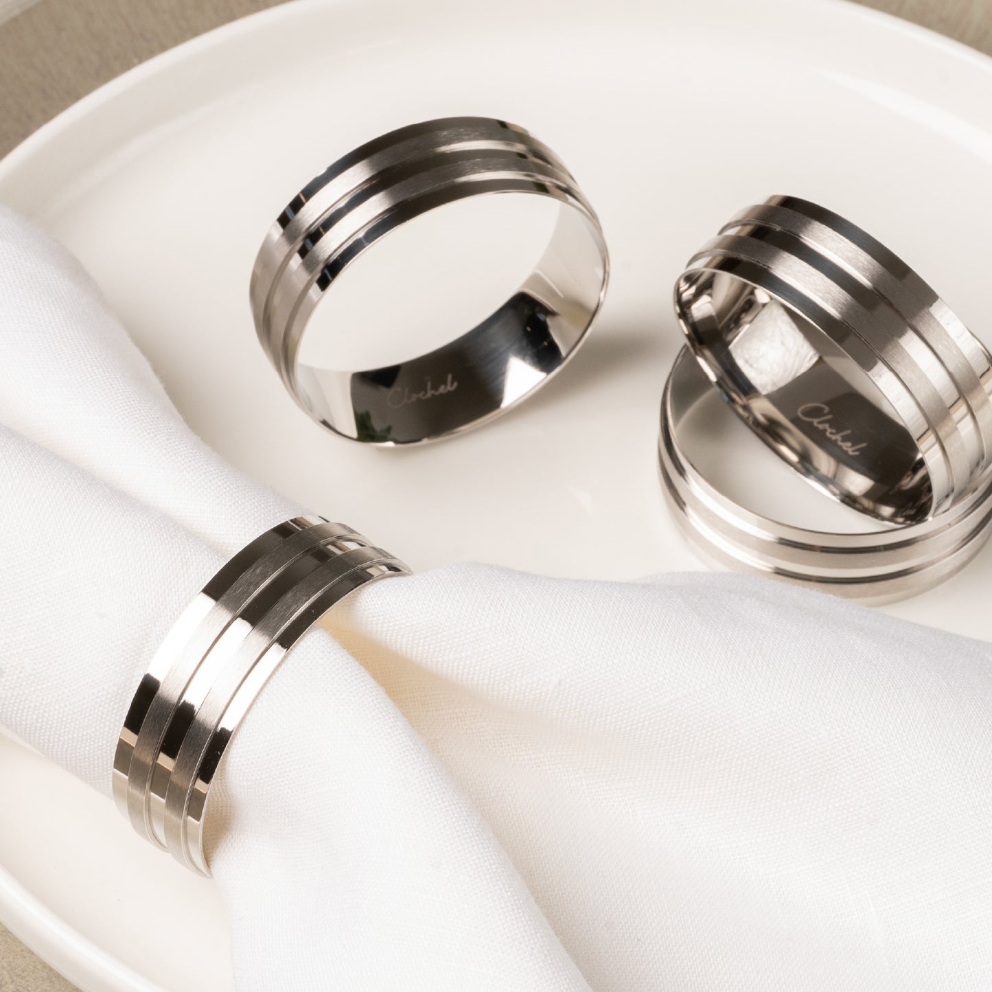 Silver Stainless Steel Napkin Rings Set of 4 | Award-Winning | Clochel CSKY-4