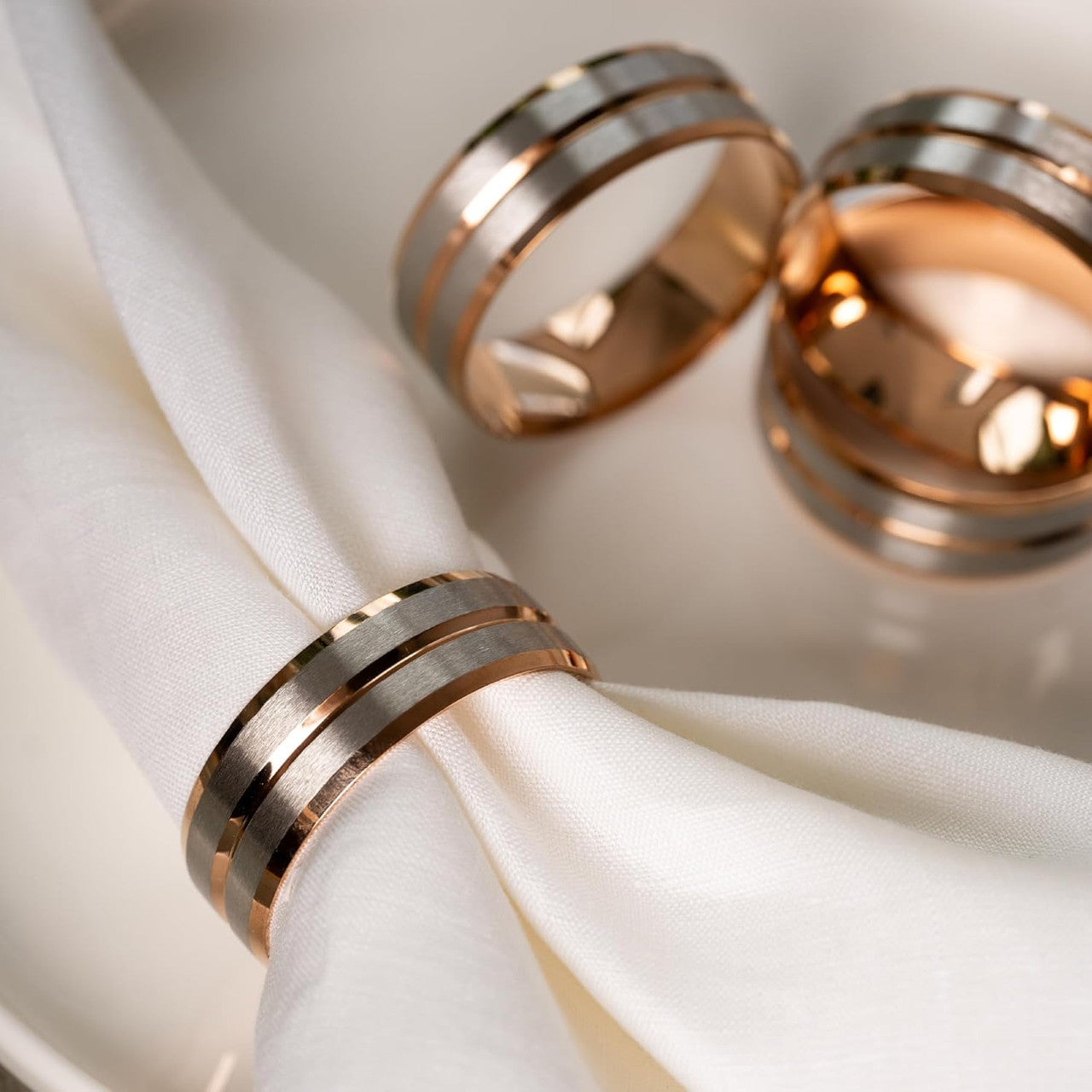 Rose Gold & Silver Stainless Steel Napkin Rings Set of 4 | Luxury Gift Box | Clochel CSKY-11