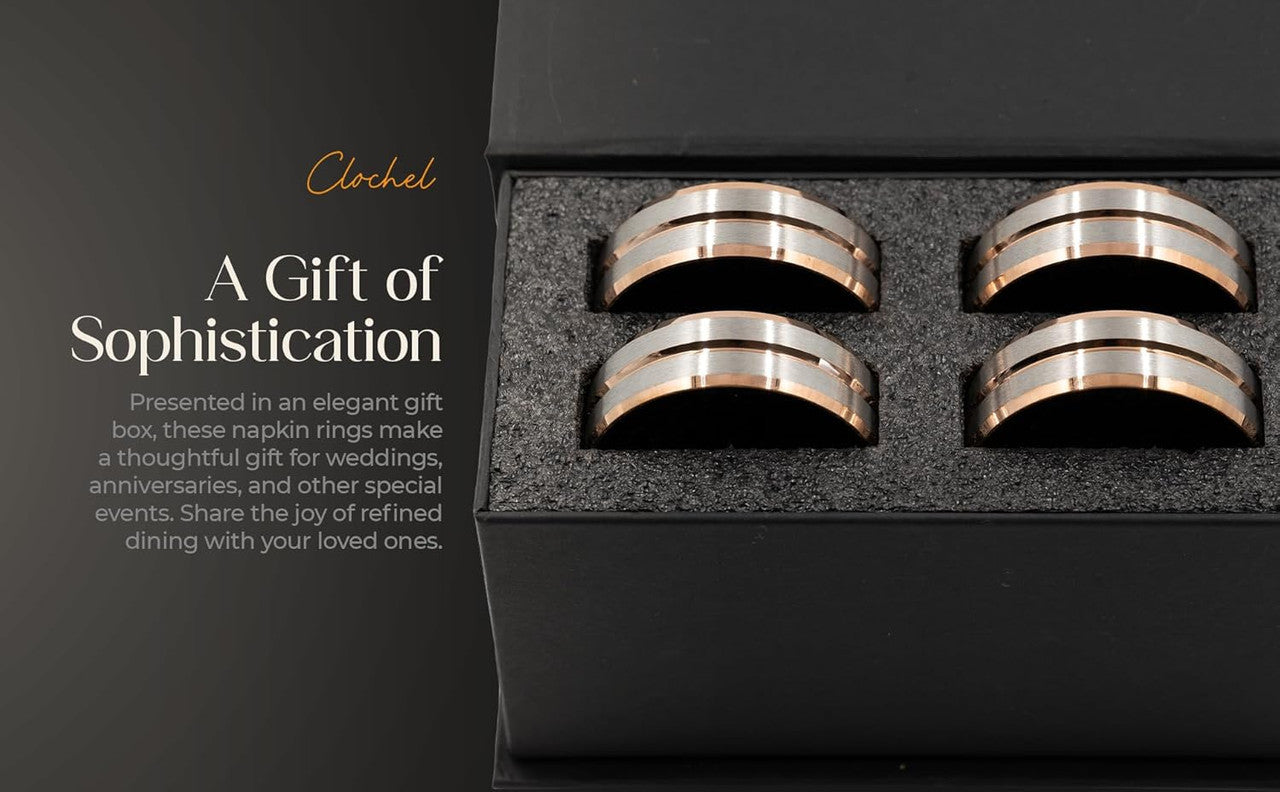 Rose Gold & Silver Stainless Steel Napkin Rings Set of 4 | Luxury Gift Box | Clochel CSKY-11