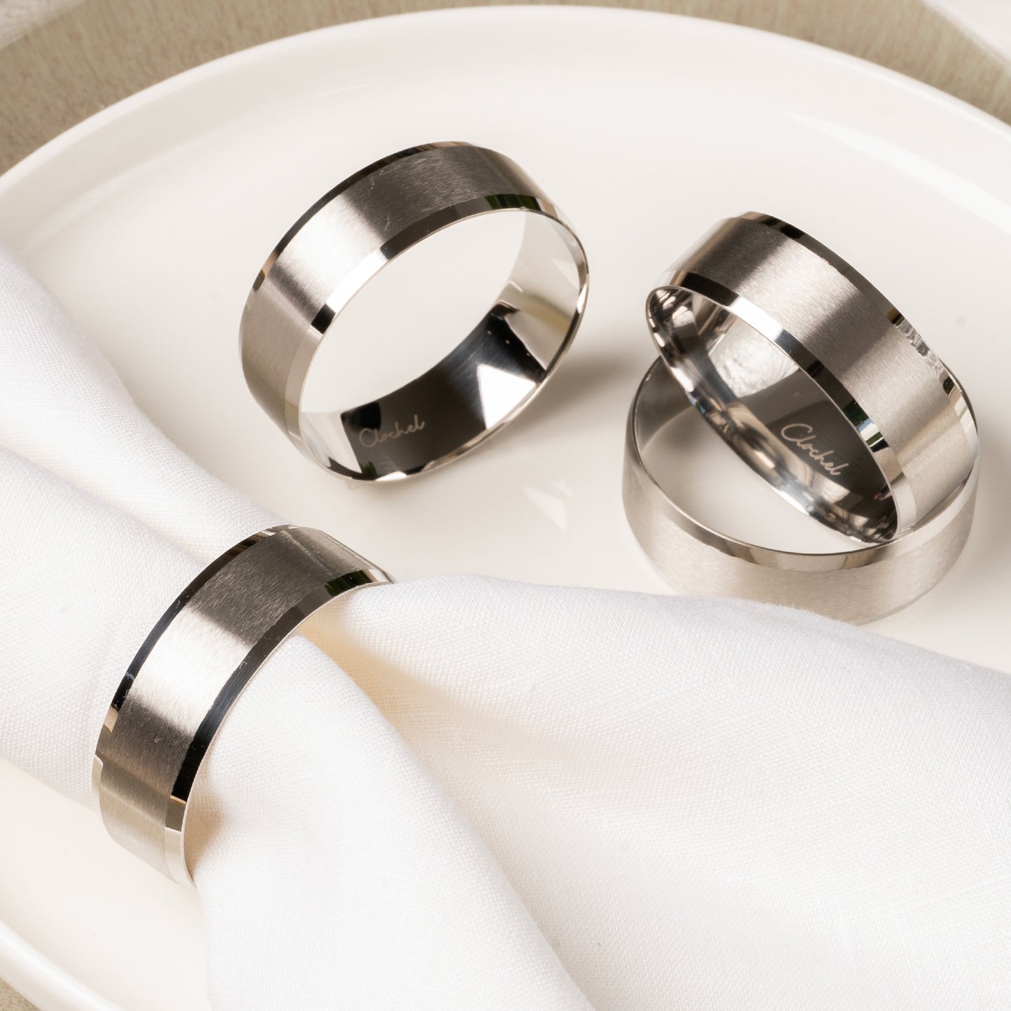 Silver Stainless Steel Napkin Rings Set of 4 | Award-Winning | Clochel CSKY-1